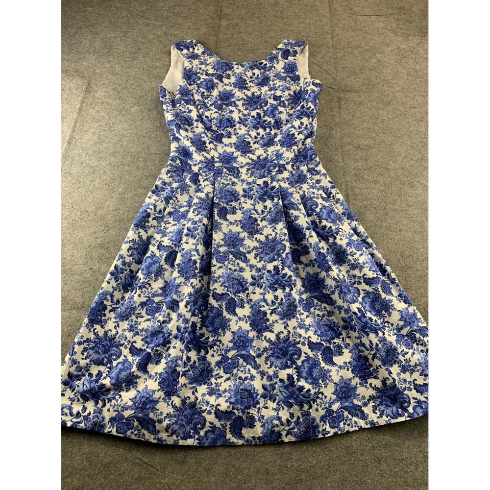 Blue Floral Toile Cotton Fit Flare Mini Dress Pleated VTG Coquette Coastal S?